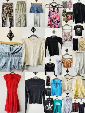 Huge 34 Piece Clothing Lot Size S Tops Pants Dress Skirt - "Mystery" Box